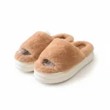 LEMCE Cloudstep tan plush faux fur slippers pair angled view white platform sole