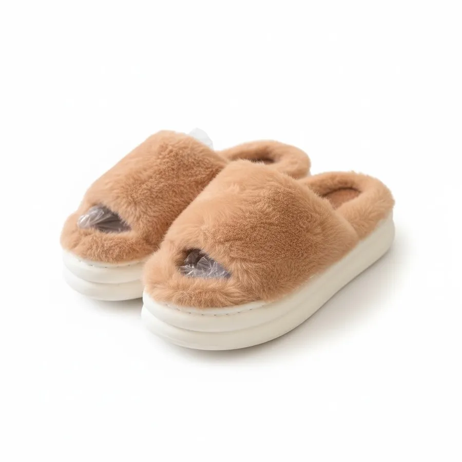 LEMCE Cloudstep tan plush faux fur slippers pair angled view white platform sole
