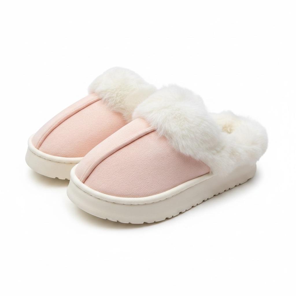 LEMCE Cloudstep pink suede plush faux-fur trim slippers pair angled view white sole