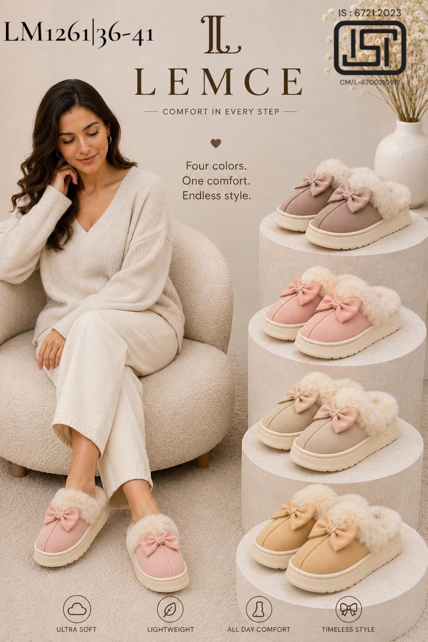 LEMCE Cloudstep plush slippers four colours suede faux fur bow detail women's winter mules flatlay