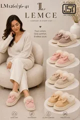 LEMCE Cloudstep plush slippers four colours suede faux fur bow detail women's winter mules flatlay