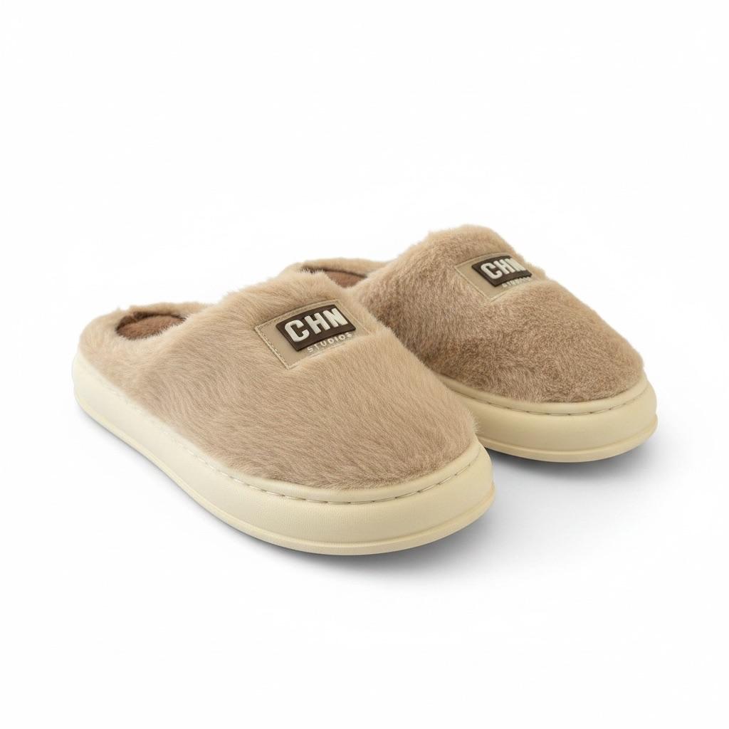 LEMCE Cloudstep Plush Slippers beige faux fur pair angled view cushioned cream sole