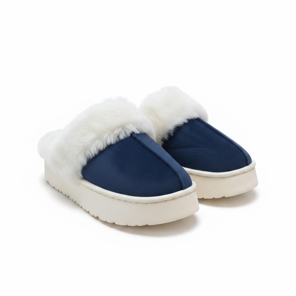 LEMCE Cloudstep navy blue plush faux-fur trim slippers white platform sole pair view