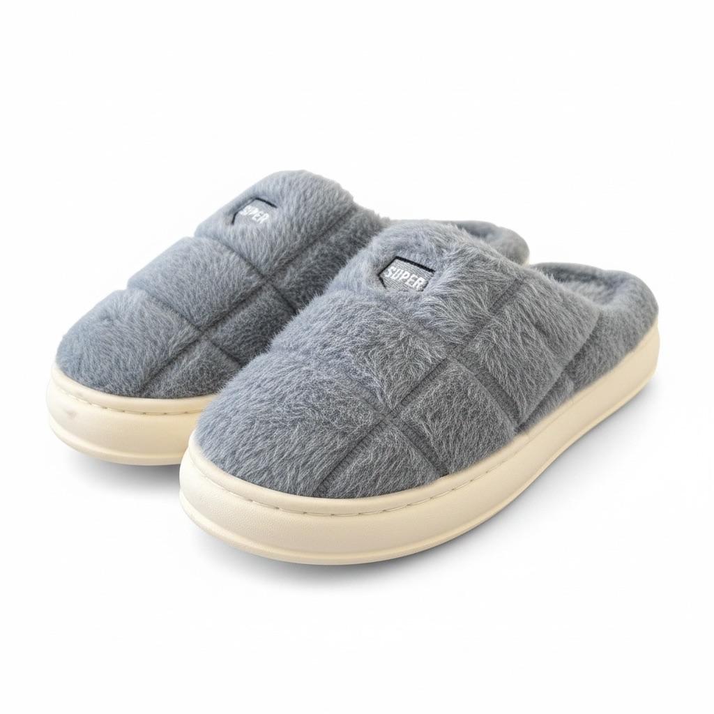LEMCE Cloudstep grey quilted plush slippers pair angled view cushioned white sole