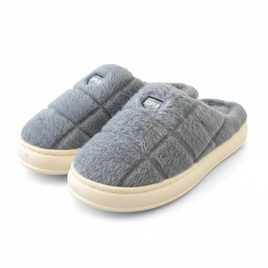LEMCE Cloudstep grey quilted plush slippers pair angled view cushioned white sole