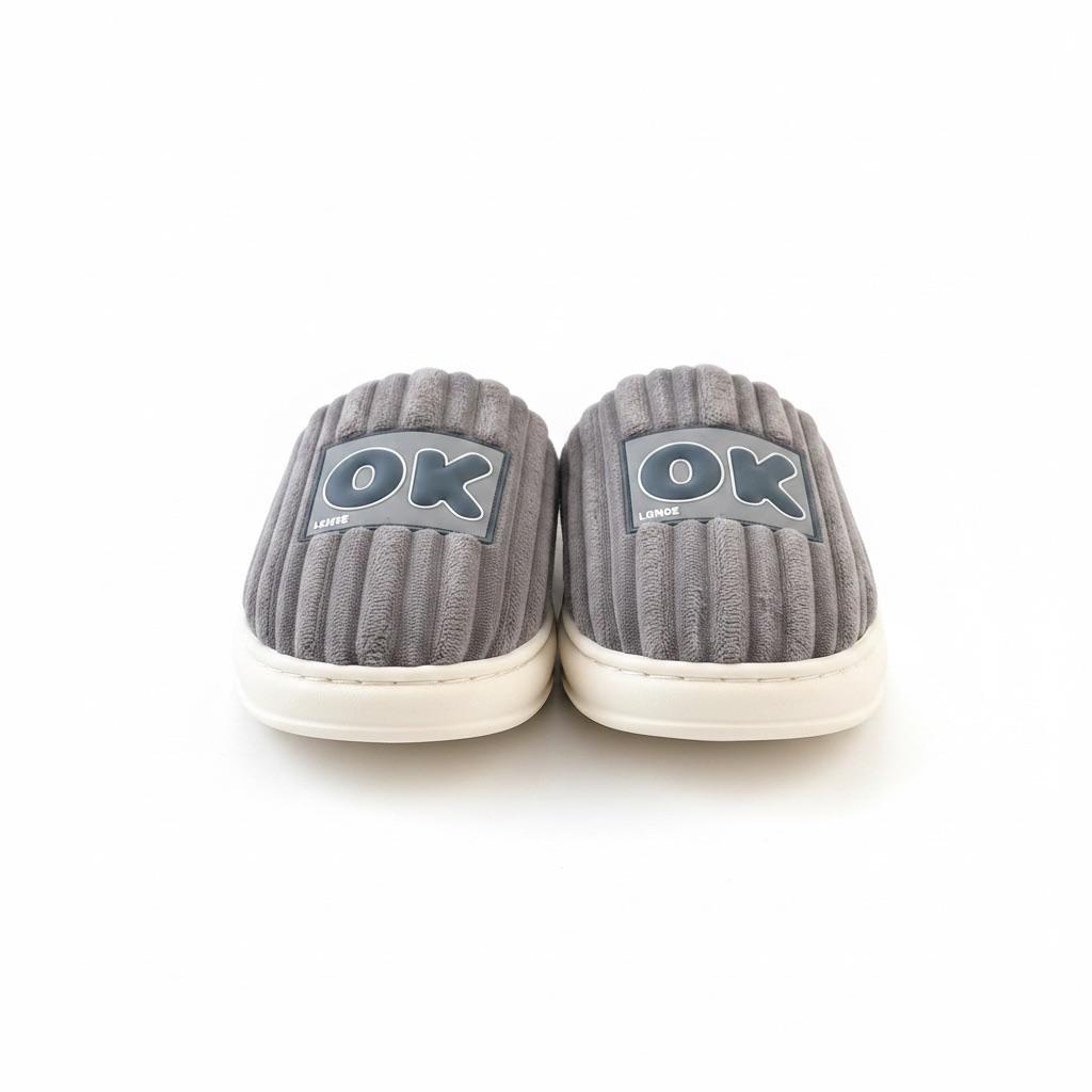 LEMCE Cloudstep taupe plush ribbed slippers front view with OK badge white sole