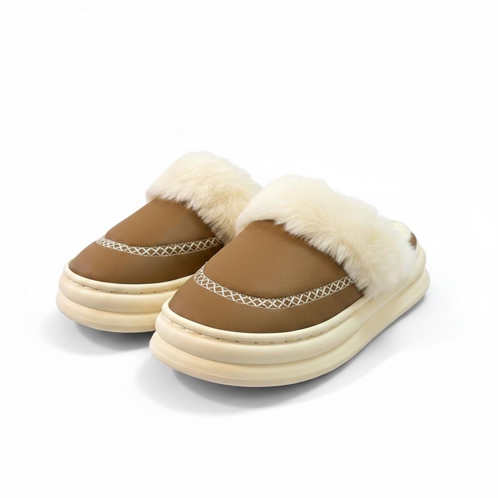 LEMCE Cloudstep tan textured faux leather plush fur trim slippers cream sole pair view