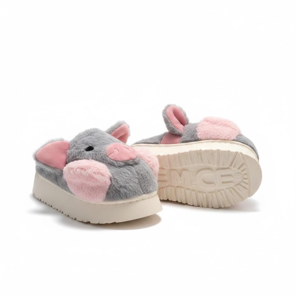 LEMCE Cloudstep grey pink plush mouse slippers pair showing sole and front views