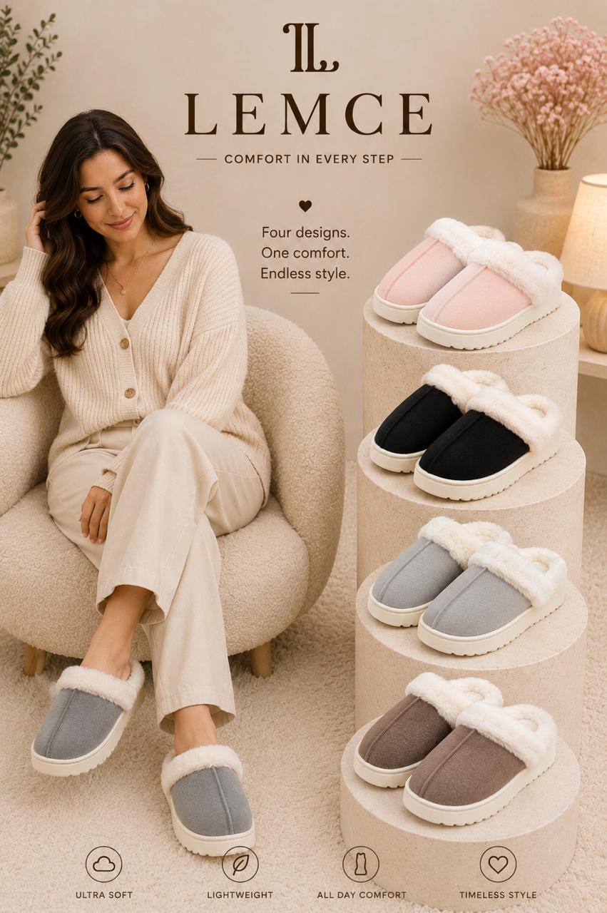 LEMCE Cloudstep plush slippers in pink black grey taupe suede faux-fur trim four colourways lifestyle view