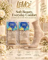 LEMCE FeatherSoft sheer socks in beige with white floral pattern, packaged pairs and single sock view