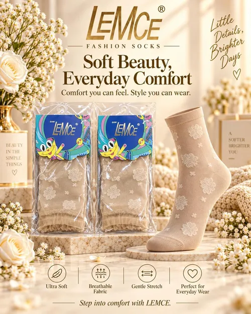 LEMCE FeatherSoft sheer socks in beige with white floral pattern, packaged pairs and single sock view