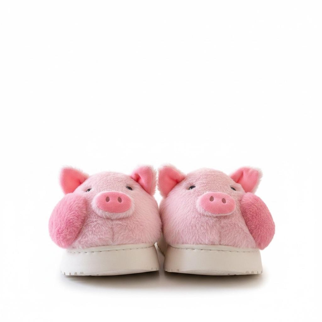 LEMCE Cloudstep pink plush pig novelty slippers pair front view soft fuzzy upper white sole