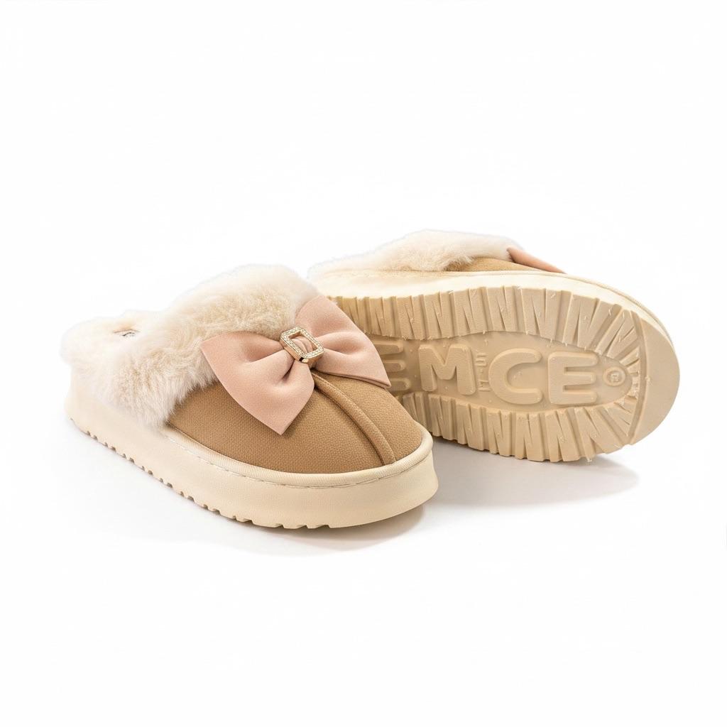 LEMCE Cloudstep beige plush fur slippers pair showing sole and bow detail angled view