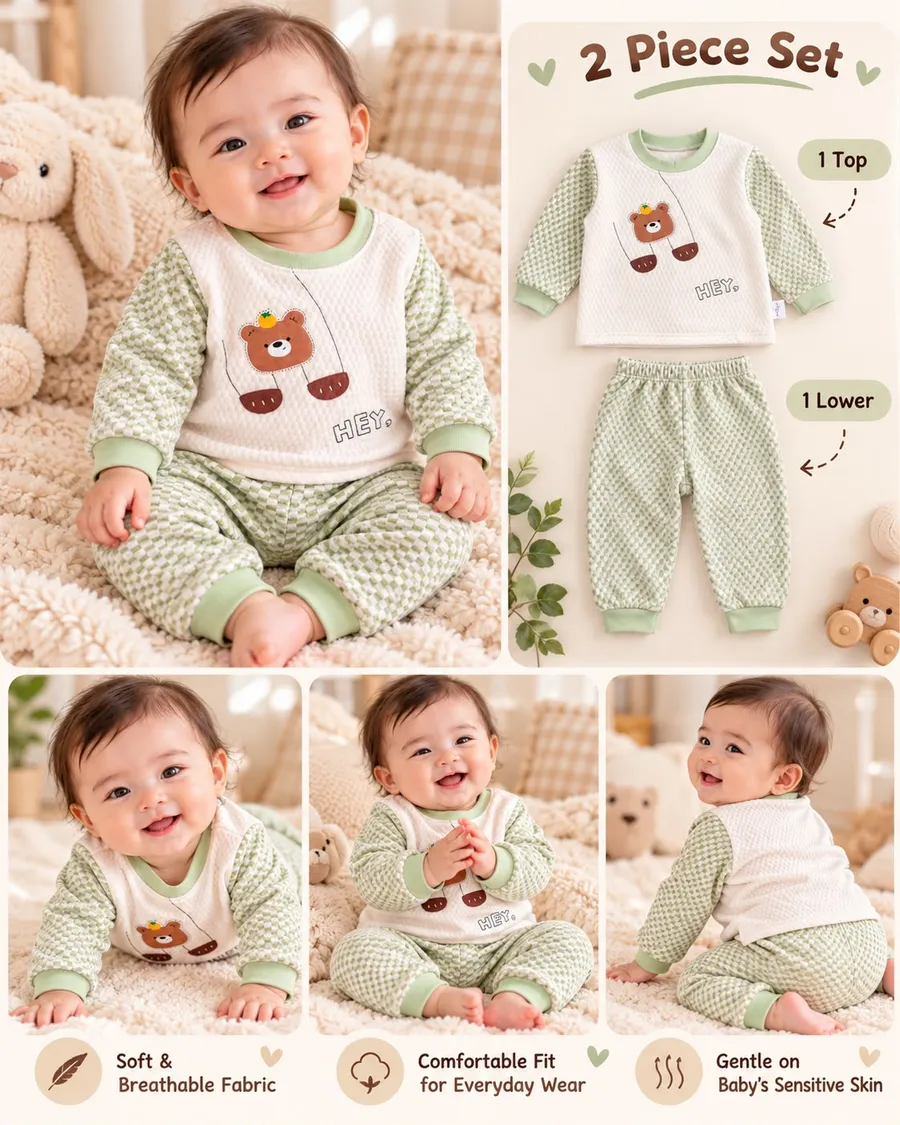 LEMCE Meadow Bear green white textured 2-piece baby suit set top pants multi-view