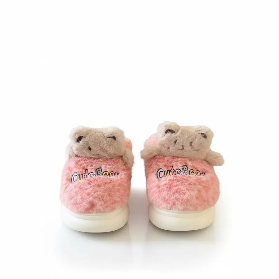 LEMCE Cloudstep pink plush faux fur slippers with bear detail rear view pair