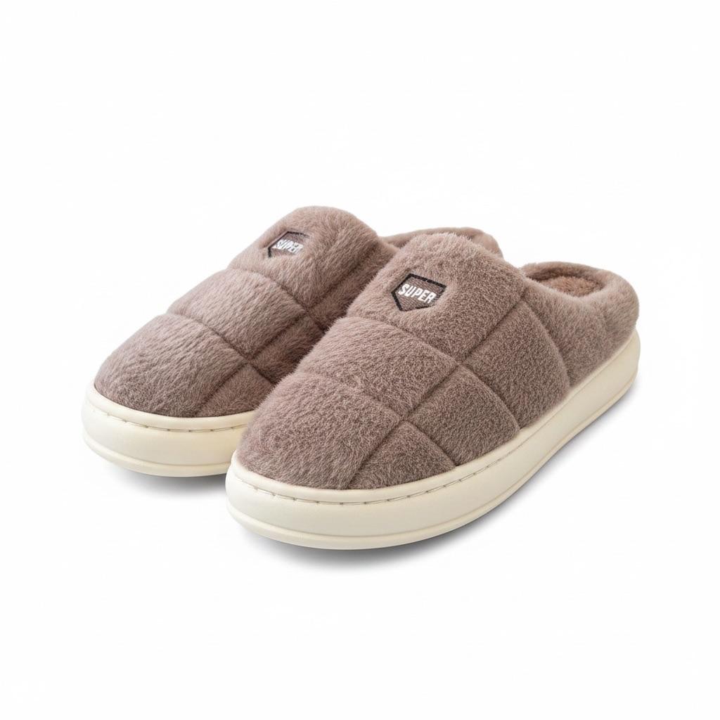 LEMCE Cloudstep Plush Slipper pair taupe quilted fuzzy upper cream sole angled view