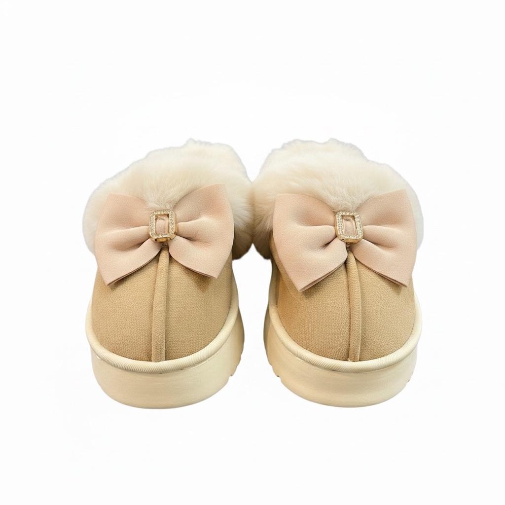 LEMCE Cloudstep beige plush faux fur slippers with bow detail rear view pair