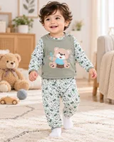 LEMCE Sage Cub soft cotton green bear appliqué baby suit set full-length front view