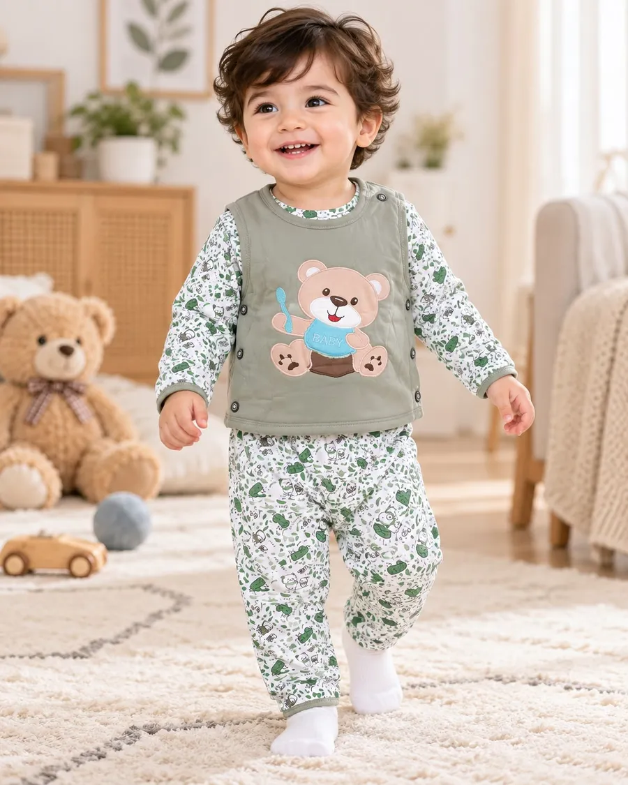 LEMCE Sage Cub soft cotton green bear appliqué baby suit set full-length front view