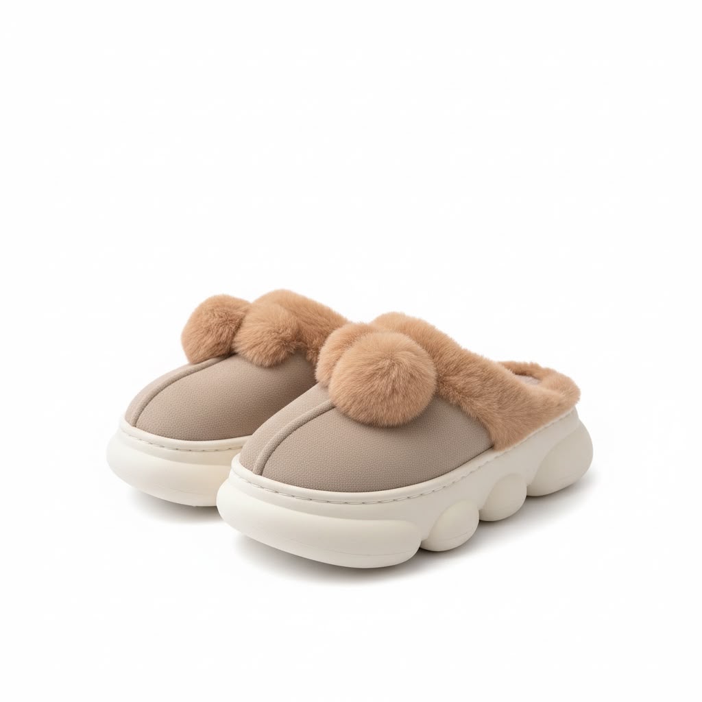 LEMCE Cloudstep pink plush faux fur slippers with pom-pom and chunky cream EVA sole, pair view