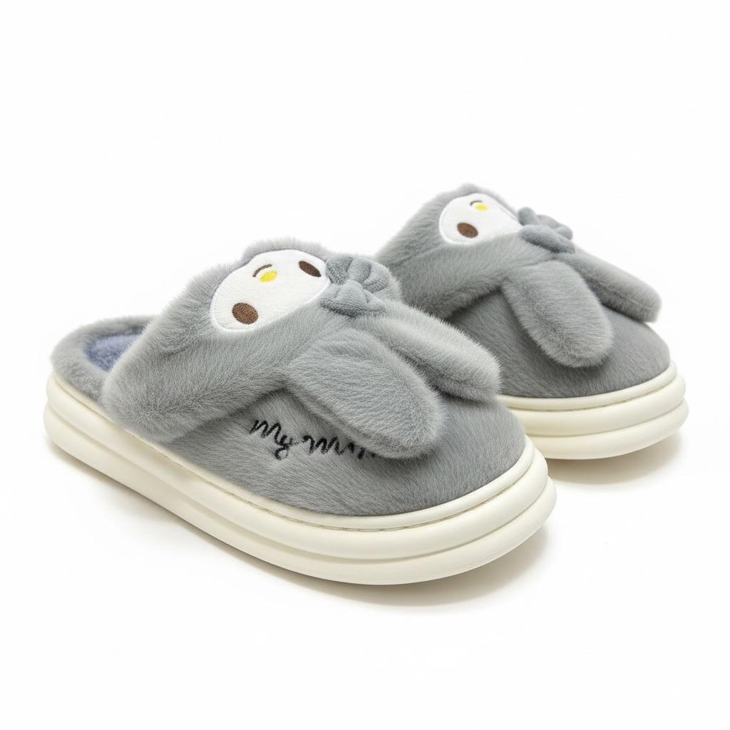 LEMCE Cloudstep grey plush slippers with cartoon owl face cushioned sole side view pair