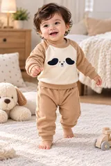 LEMCE Caramel Pup baby suit camel waffle-knit top with pup patch and joggers full-body view