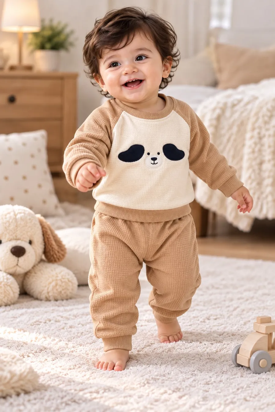 LEMCE Caramel Pup baby suit camel waffle-knit top with pup patch and joggers full-body view