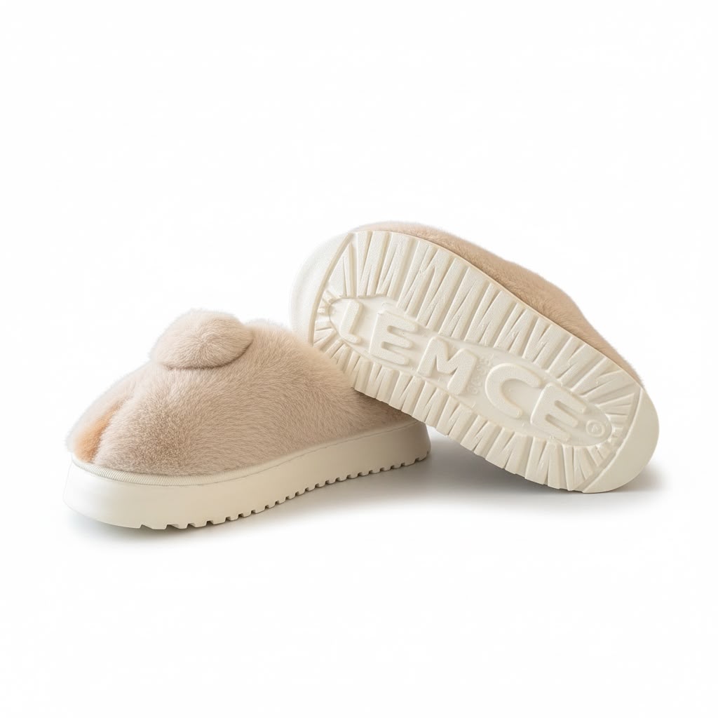 LEMCE Cloudstep plush slippers beige faux-fur upper cream EVA sole pair angled view