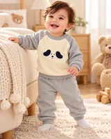 LEMCE Cloud Pup grey cream waffle-knit baby suit with pup appliqué full-body nursery view