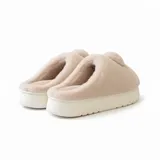 LEMCE Cloudstep Plush Slippers beige faux-fur cat paw design pom-pom white EVA sole pair side view