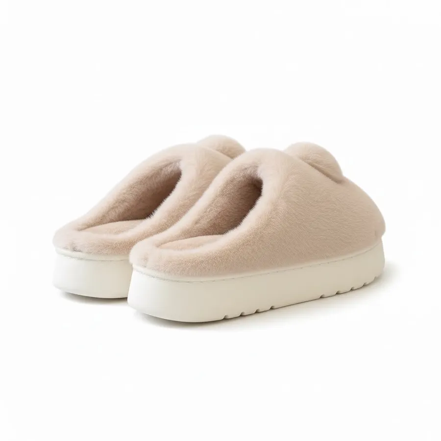 LEMCE Cloudstep Plush Slippers beige faux-fur cat paw design pom-pom white EVA sole pair side view