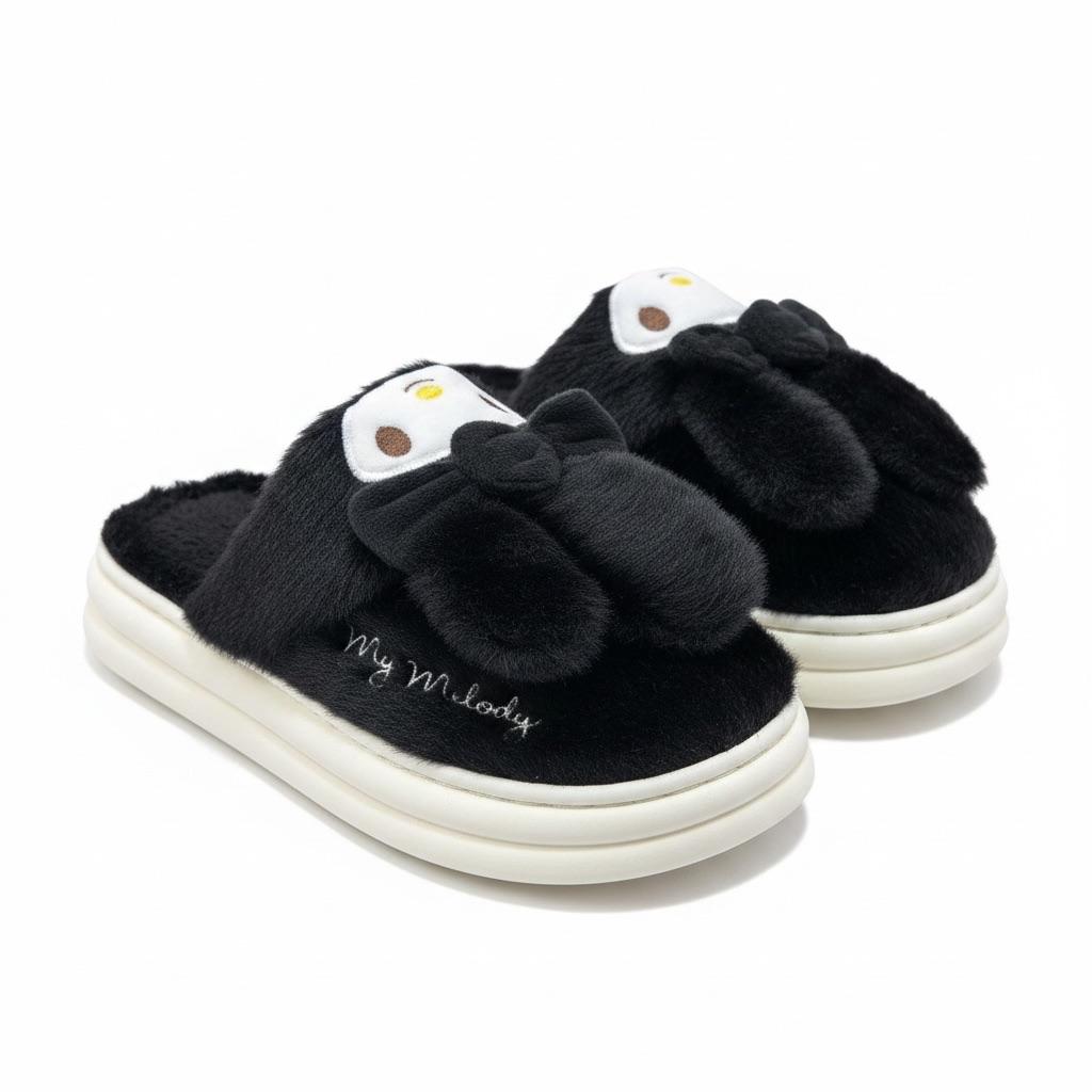 LEMCE Cloudstep black plush slippers with cartoon eyes bow detail white sole angled pair view