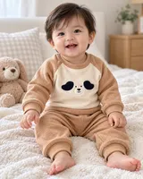 LEMCE Caramel Pup camel waffle cotton baby suit with pup face full body front view