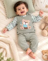 LEMCE Sage Cub baby suit sage green bear appliqué soft cotton top and pants full-body view