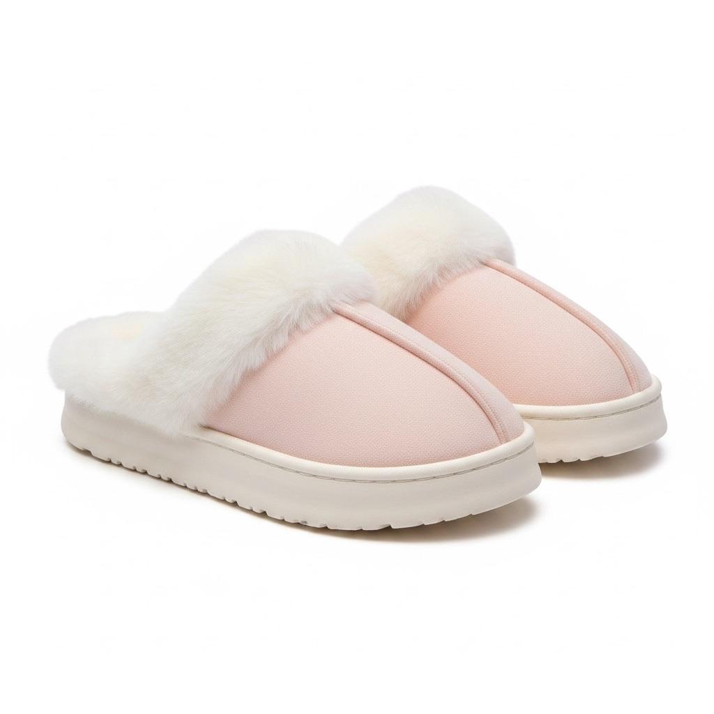 LEMCE Cloudstep pink plush slippers pair angled view white faux-fur trim suede upper