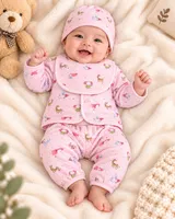 LEMCE Pink Parade quilted cotton baby suit set with hat and bib, animal print, flat lay view