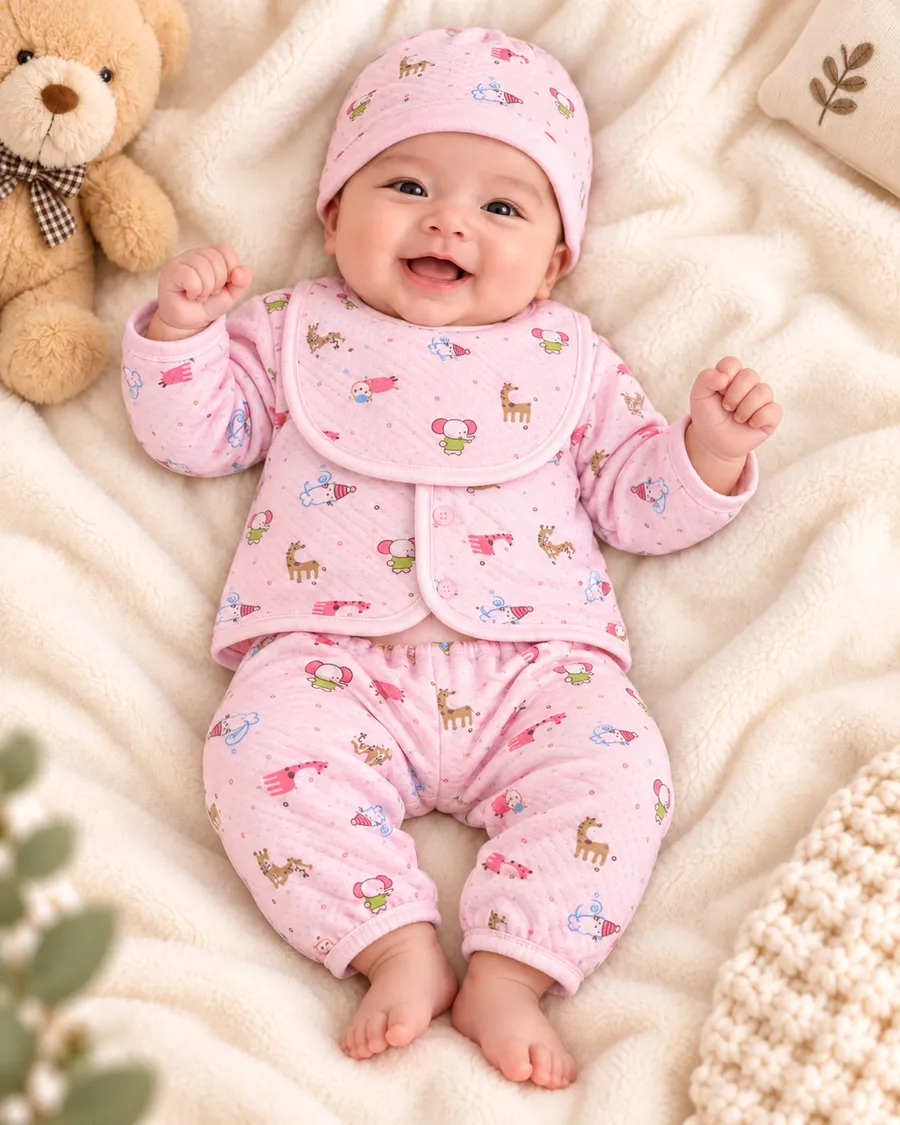 LEMCE Pink Parade quilted cotton baby suit set with hat and bib, animal print, flat lay view