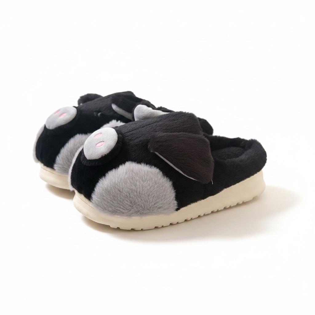 LEMCE Cloudstep black plush slippers grey bunny detail cushioned sole side pair view