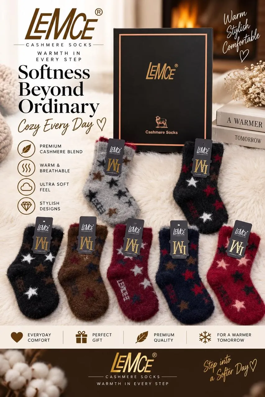 LEMCE cozy cashmere blend women's socks multicolour star pattern fluffy gift box set flat lay