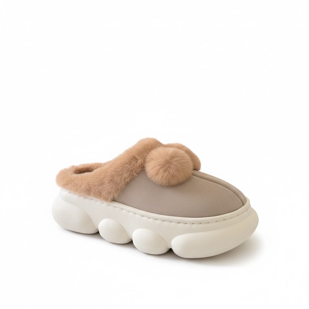 LEMCE Cloudstep beige plush faux fur slipper with pom-poms and chunky white EVA sole, side angle view