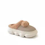 LEMCE Cloudstep beige plush faux fur slipper with pom-poms and chunky white EVA sole, side angle view