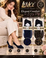 LEMCE Midnight Luxe black glitter no-show footies royal blue bronze gold knit stretch socks packaged view