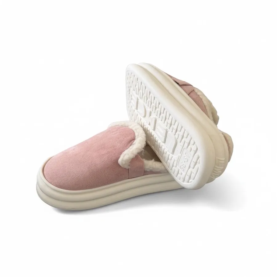 LEMCE Cloudstep pink plush faux suede sherpa slippers pair showing sole and upper angled view