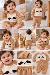LEMCE Caramel Pup camel waffle cotton baby suit set with pup face patch, multi-view collage