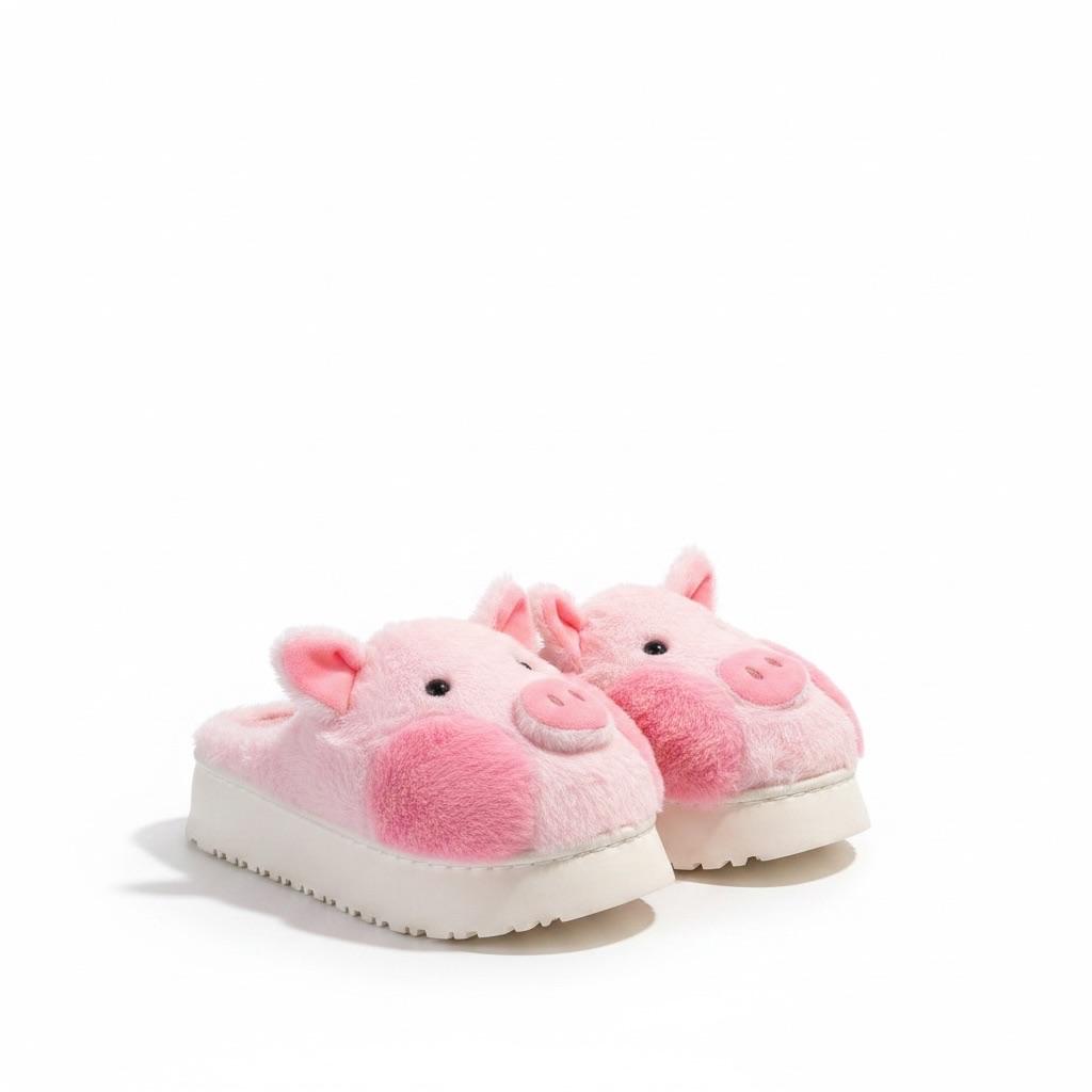 LEMCE Cloudstep pink plush pig novelty slippers pair front view fluffy upper white chunky sole