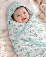 LEMCE baby blanket white teal bear print quilted cotton wrap swaddled smiling infant front view
