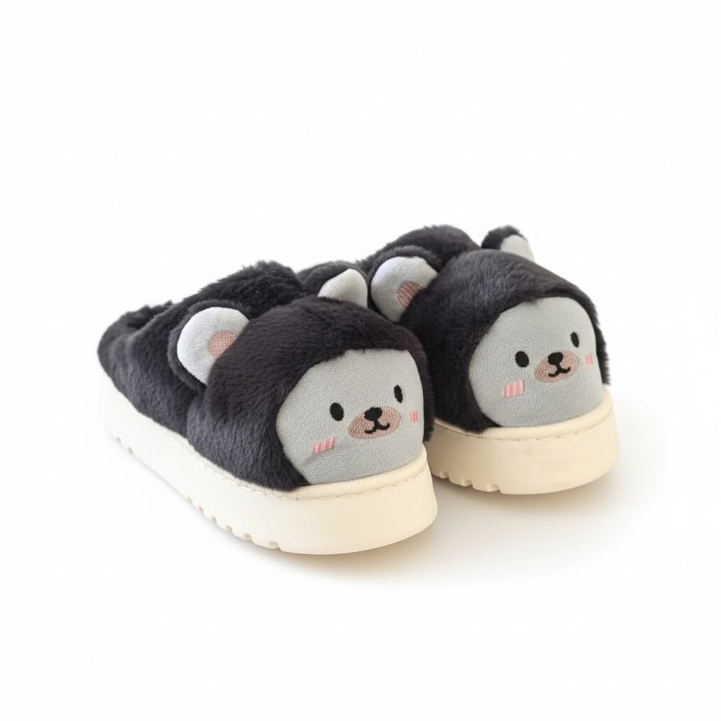 LEMCE Cloudstep black plush faux fur animal face slippers pair side-rear view white sole