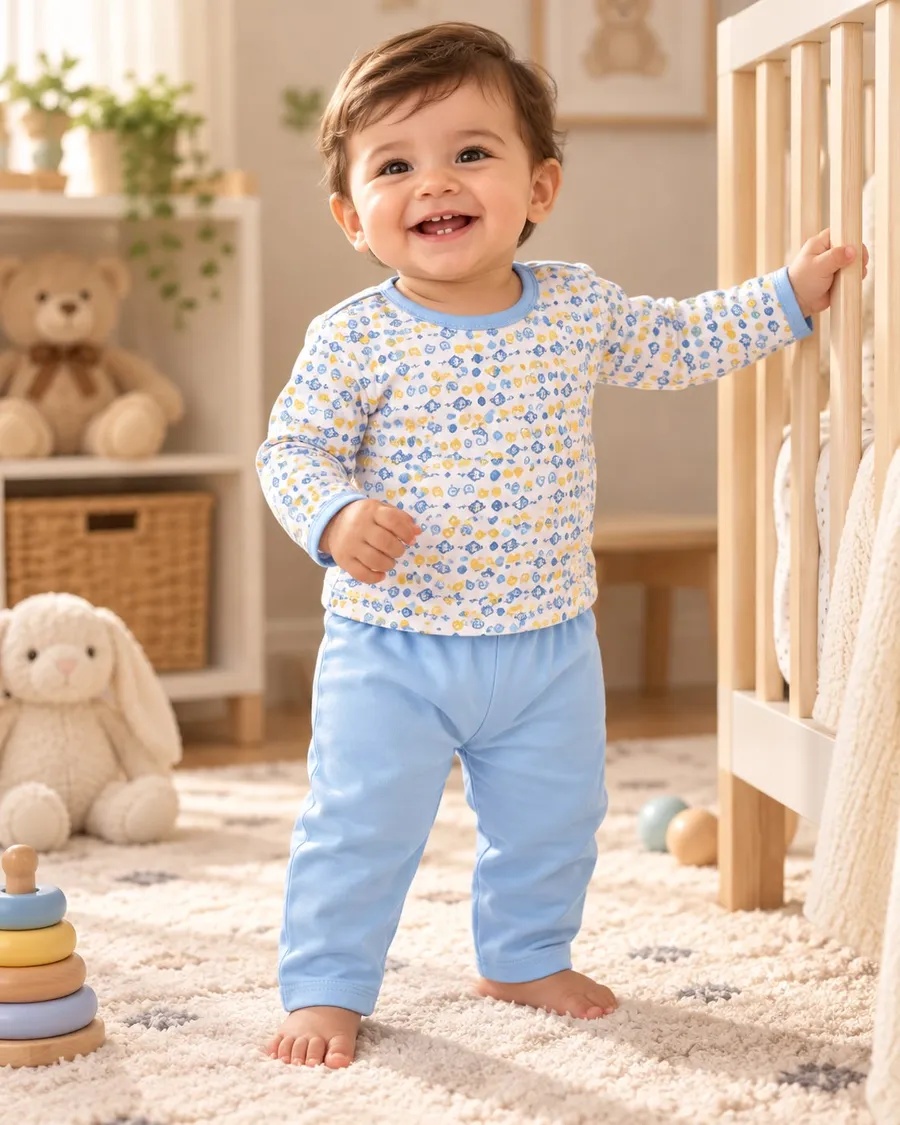 LEMCE Little Cub Sky baby-suit blue printed cotton top and pants full-body nursery view