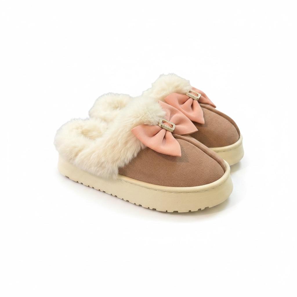 LEMCE Cloudstep tan suede plush faux fur slippers with pink bow, angled pair view