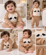 LEMCE Caramel Pup baby suit waffle cotton camel cream pup appliqué multi-view collage